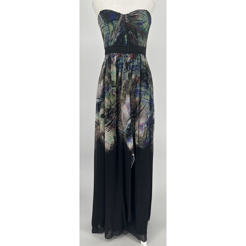 BCBG MAXAZRIA Tae Peacock Maxi Dress Silk Midnight Palm Strapless Women's Size 4
